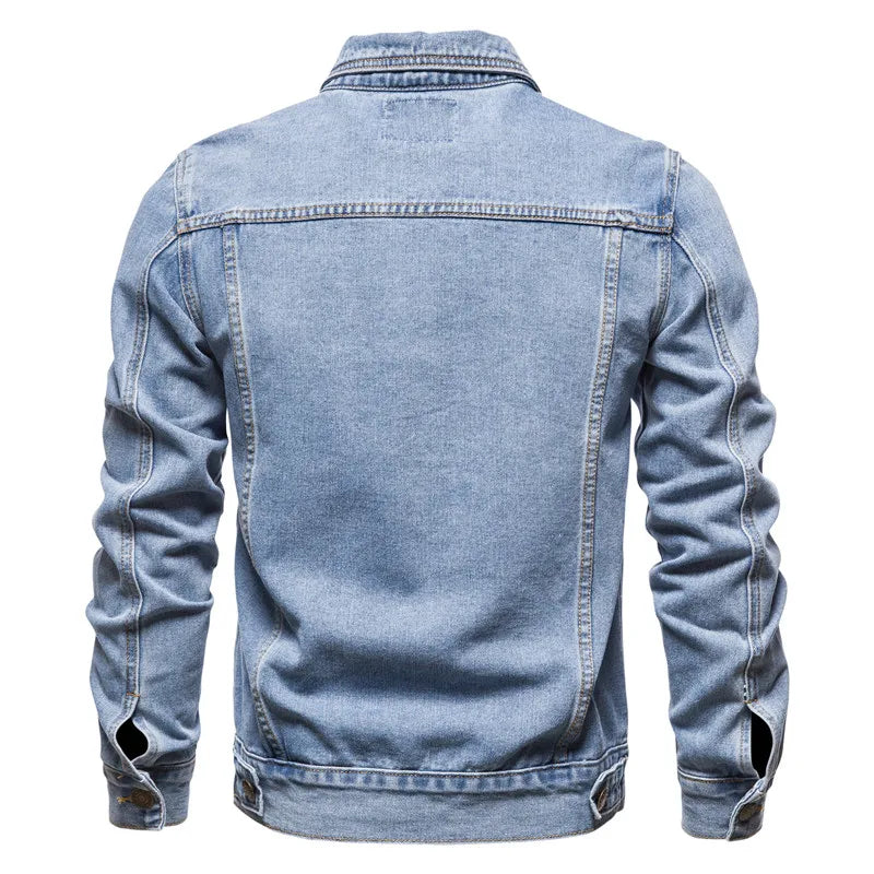 2025 Autumn Men’s Solid Denim Jackets – Vintage Motorcycle Style, Slim Fit Cotton Casual Jeans Coats in Black & Blue