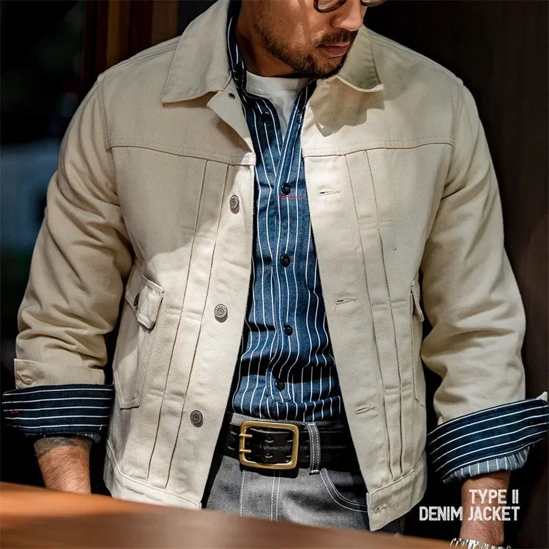 Maden Retro Men’s Jeans Jacket – 100% Cotton Amekaji Denim Coat, Slim Fit Vintage Outwear, Fashion Streetwear Quality Men’s Clothing