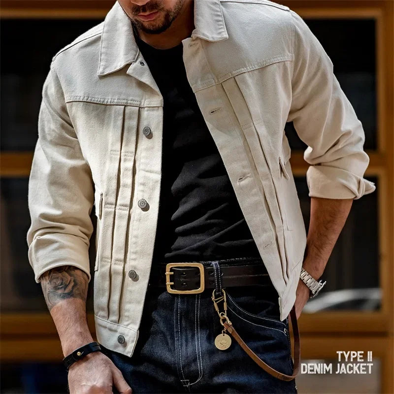 Maden Retro Men’s Jeans Jacket – 100% Cotton Amekaji Denim Coat, Slim Fit Vintage Outwear, Fashion Streetwear Quality Men’s Clothing