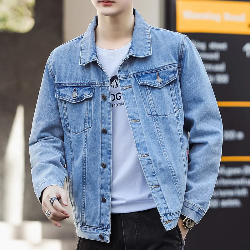 Single-Breasted Men’s Denim Jacket – Long Sleeve Washed Distressed Coat, Turn-Down Collar Casual Cardigan Outerwear